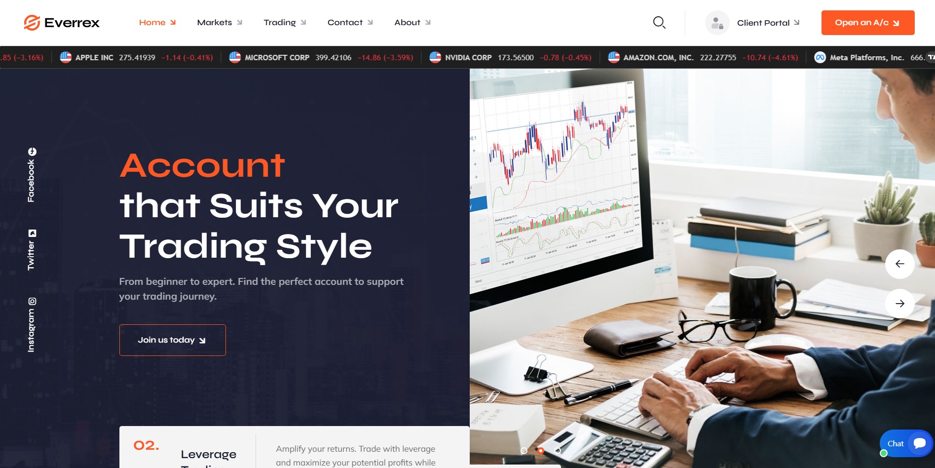 EverrexTrade fake trading platform homepage showing stock tickers and account types